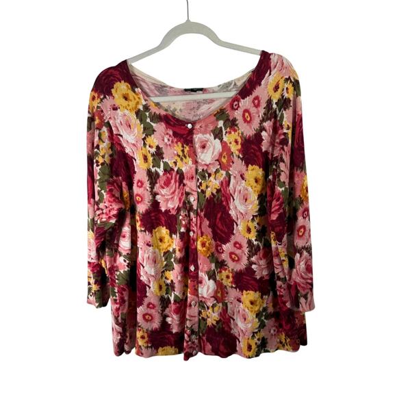 Talbots Red Floral Silk Cotton Blend Cardigan Sweater Cottage FLAW Women Plus 2x - Picture 1 of 6